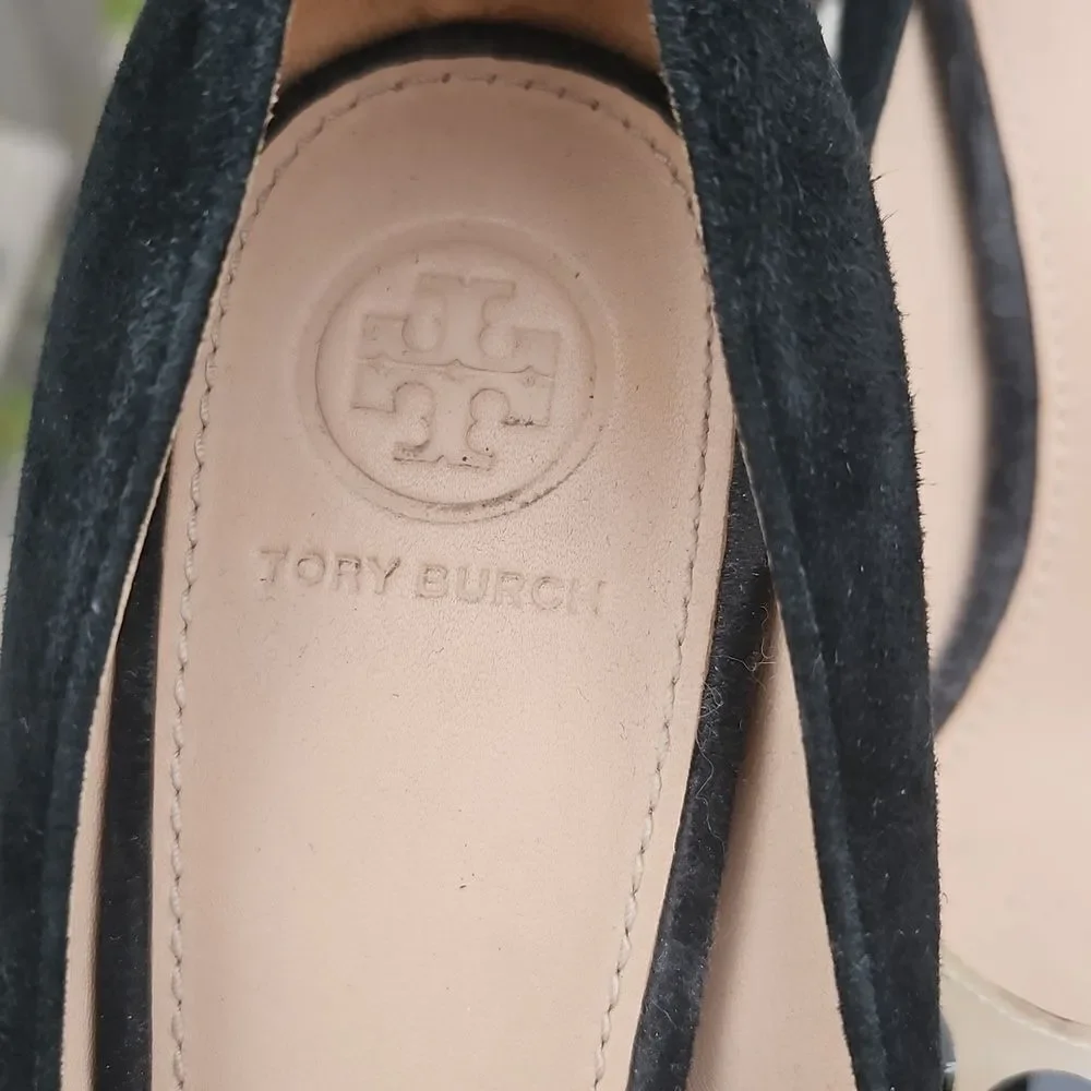 Tory Burch Delphine Rhinestone Heels – Black Suede, Size 7 ✨